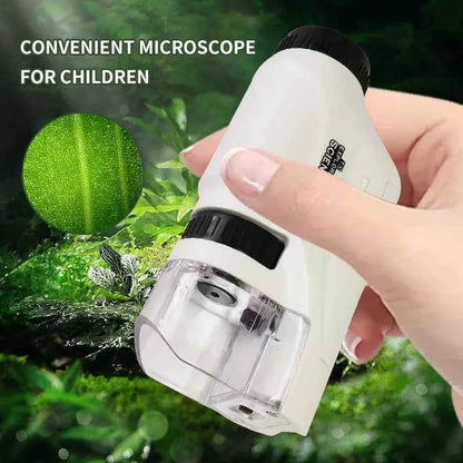 Kids Pocket Microscope Kit in white plastic with black adjustment knob, clear specimen chamber and compact handheld design.