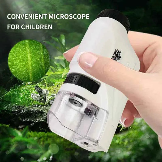 Kids Pocket Microscope Kit in white plastic with black adjustment knob, clear specimen chamber and compact handheld design.