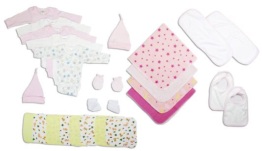 Newborn Baby Girls layette set in soft cotton, featuring pastel printed bodysuits, pink blankets, caps, bibs and booties.