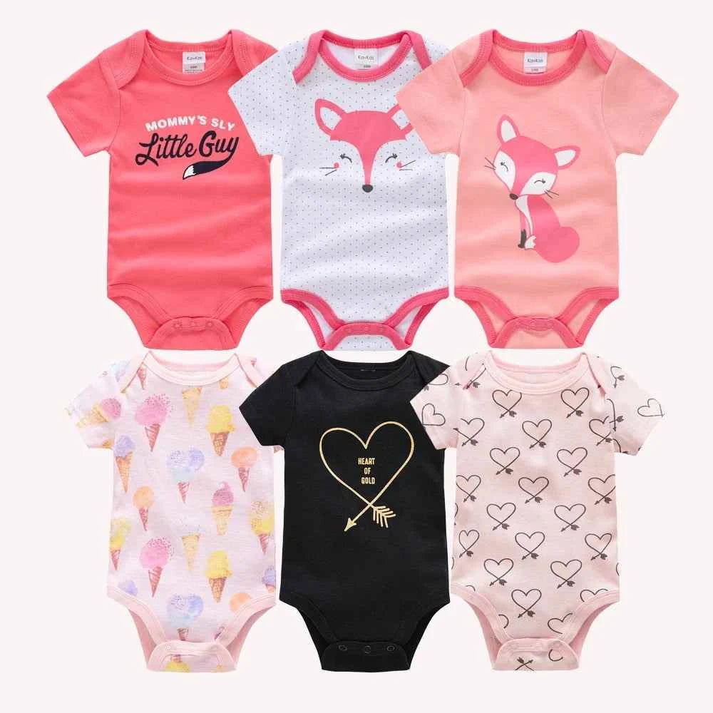 Cotton Bodysuits for Baby Girls: six short-sleeve cotton bodysuits in pink, white and black with fox, heart and playful prints.