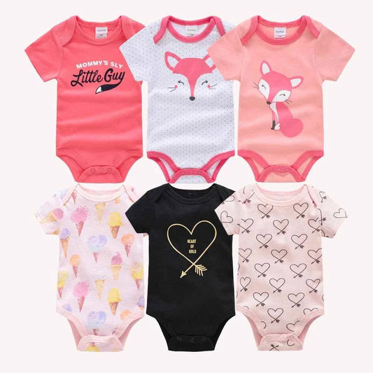 Cotton Bodysuits for Baby Girls: six short-sleeve cotton bodysuits in pink, white and black with fox, heart and playful prints.