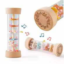 Wooden Rain Sound Toy with clear tube, light wood ends, colorful beads, and ornate floral engraving on the cap.