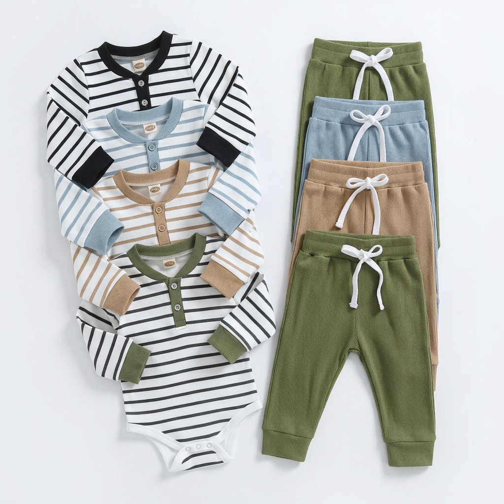 Tiny Trend Baby Boy Striped Romper & Pants Set | Cotton Blend | Sizes 0–24M