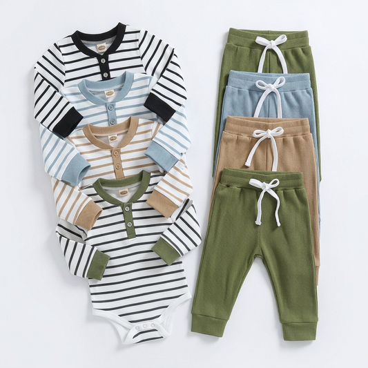 Tiny Trend Baby Boy Striped Romper & Pants Set | Cotton Blend | Sizes 0–24M