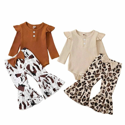 Knit Romper & Flare Pants Set with ribbed long-sleeve rompers and ruffled flare pants in cow and leopard prints.