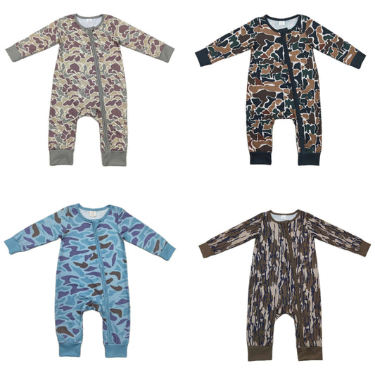 Baby footed one-piece romper, Wholesale Newborn Baby Boy style in soft fabric with long sleeves, front zippers, and assorted camouflage prints.