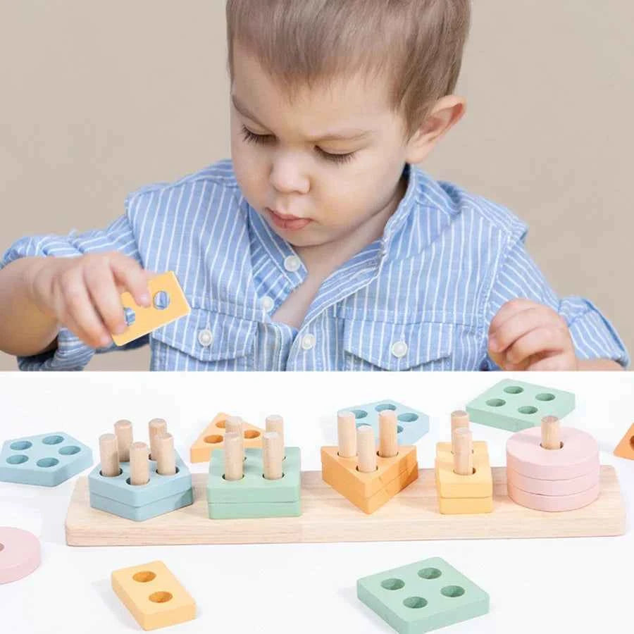 Montessori Makron Puzzle wooden color-sorting stacker with pastel geometric shapes, pegs, and a wooden base board.