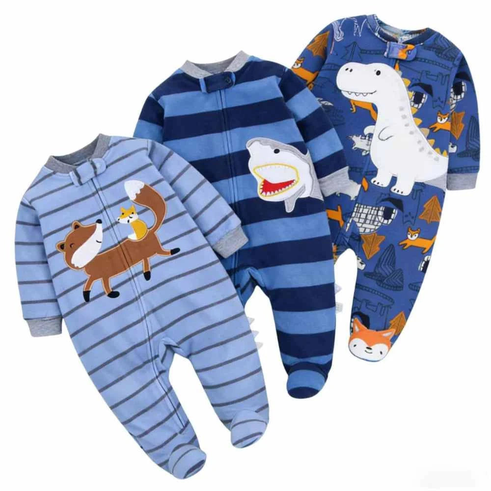 Animal Fleece Zipper Romper set in blue fleece, featuring striped and dinosaur-print designs with playful animal appliqués.