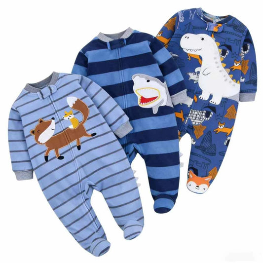 Animal Fleece Zipper Romper set in blue fleece, featuring striped and dinosaur-print designs with playful animal appliqués.