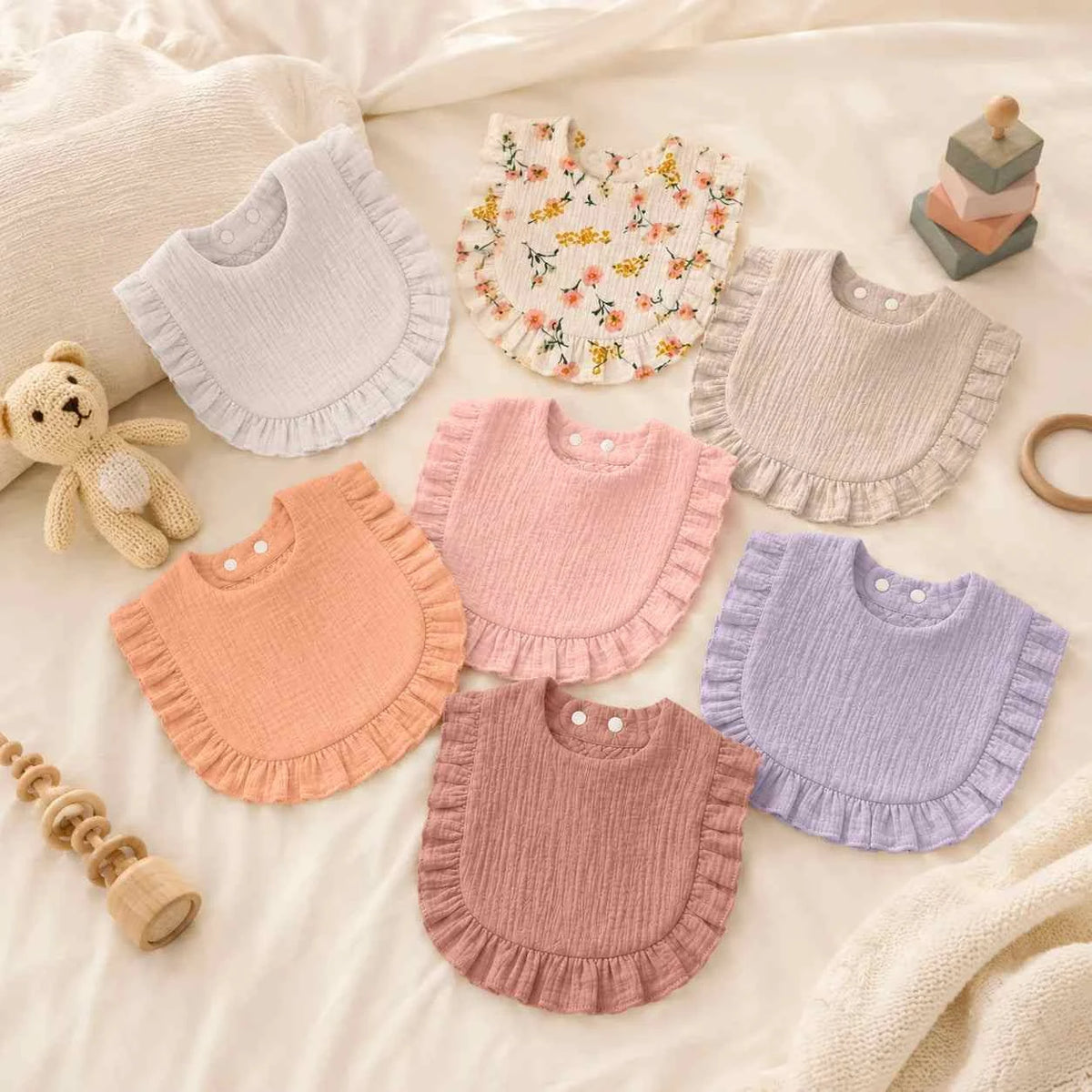 Tiny Trend Baby Lace Bibs Set of 7 | Soft Absorbent Polyester | Adjustable Snap | Ages 1–3Y