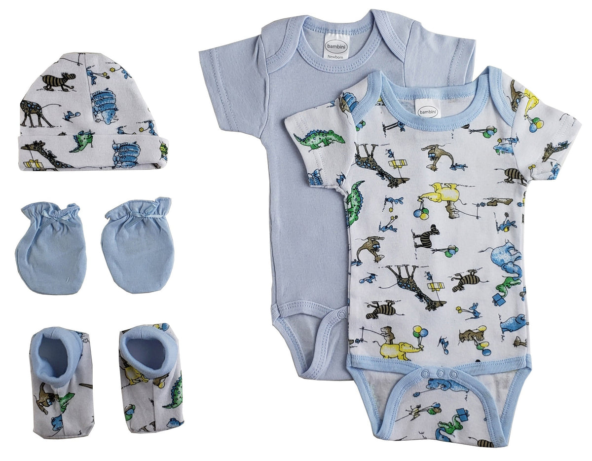 Newborn Baby Boys five-piece cotton layette set with blue bodysuits, animal print, matching cap, mittens and booties.