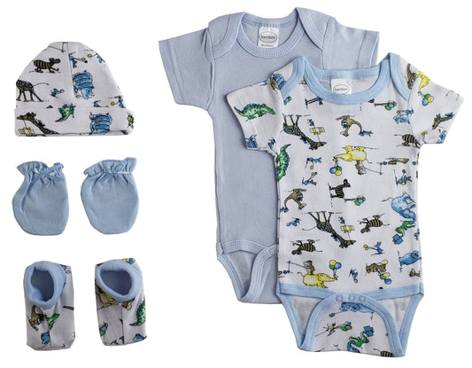 Newborn Baby Boys five-piece cotton layette set with blue bodysuits, animal print, matching cap, mittens and booties.