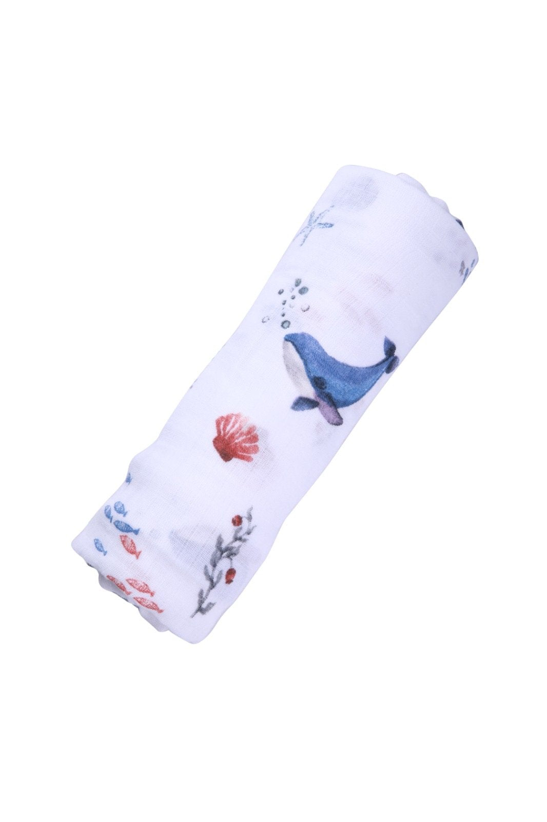 ORGANIC SWADDLE - UNDER THE SEA in soft white organic cotton, printed with colorful whales, shells and sea creatures.
