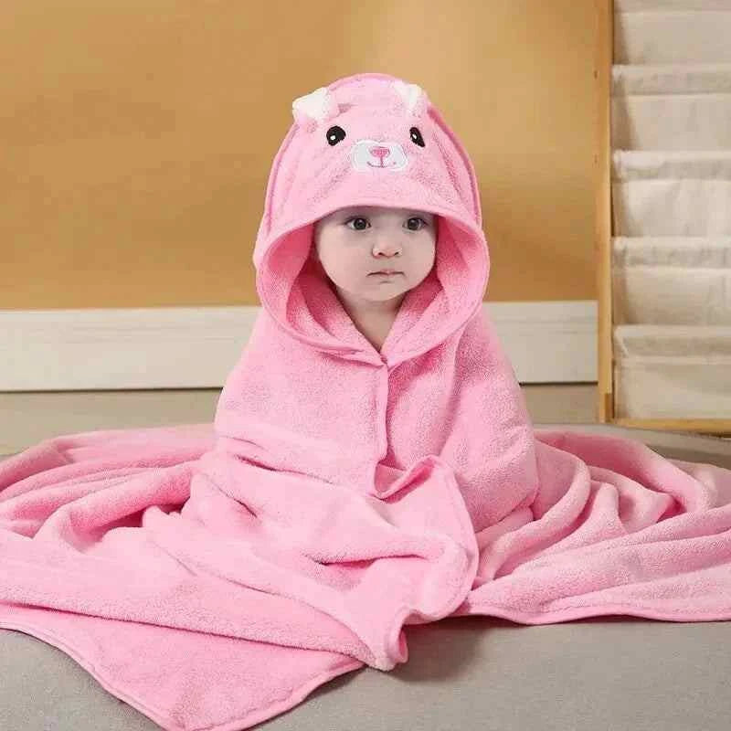 Quick-Dry Baby Hooded Towel in soft pink, with a plush animal-face hood and matching wraparound design.