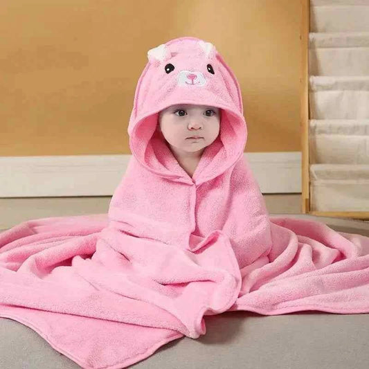 Quick-Dry Baby Hooded Towel in soft pink, with a plush animal-face hood and matching wraparound design.