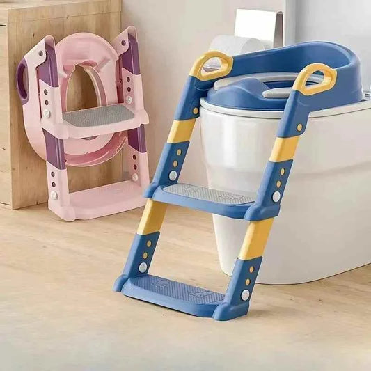 Potty Training Ladder with blue and yellow plastic frame, gray textured steps, safety handles and molded toilet seat attachment.