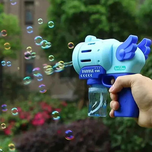 Magic Bubble Blower Toy in light blue and dark blue plastic, with wing-shaped accents and a clear solution bottle.