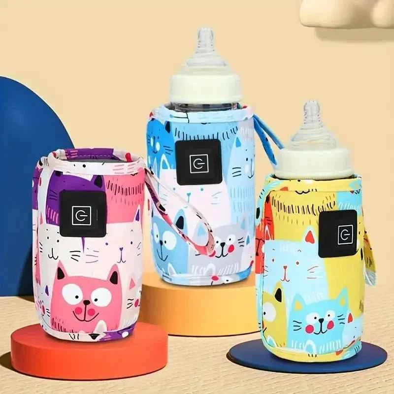Adventure Bottle Warmer insulated bottle sleeves in pink, blue, and yellow with playful animal prints and black square labels.