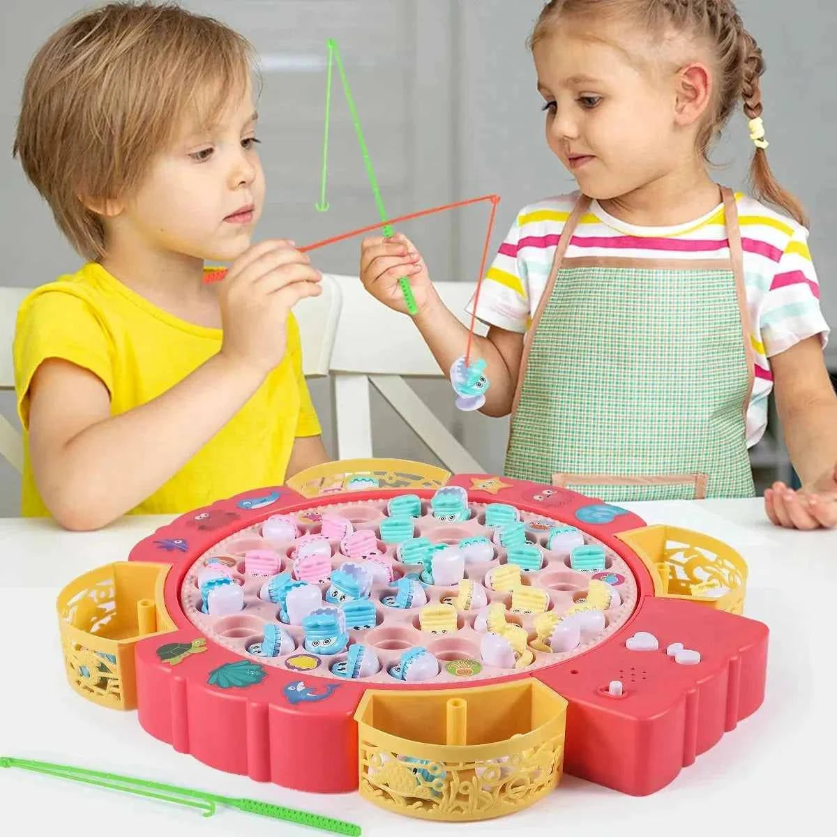 USB Rechargeable Kids fishing toy with a bright pink circular board, colorful sea-creature pieces and small fishing rods.