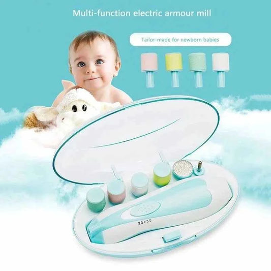 Infant Safe Nail Care Set with a mint green electric nail trimmer, assorted pastel polishing heads and storage case